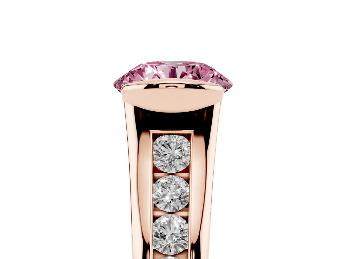 Fancy Pink Round Cut Solitaire Bezel-Set Diamond Ring with Channel-Set Band Rose gold