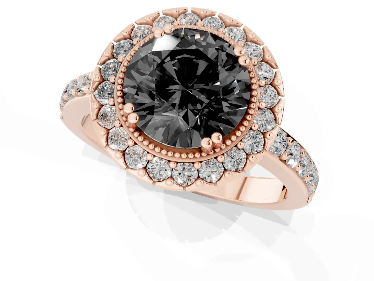 Fancy Black Round Cut Diamond Halo Ring with Pavé Band and Prong Setting Rose gold