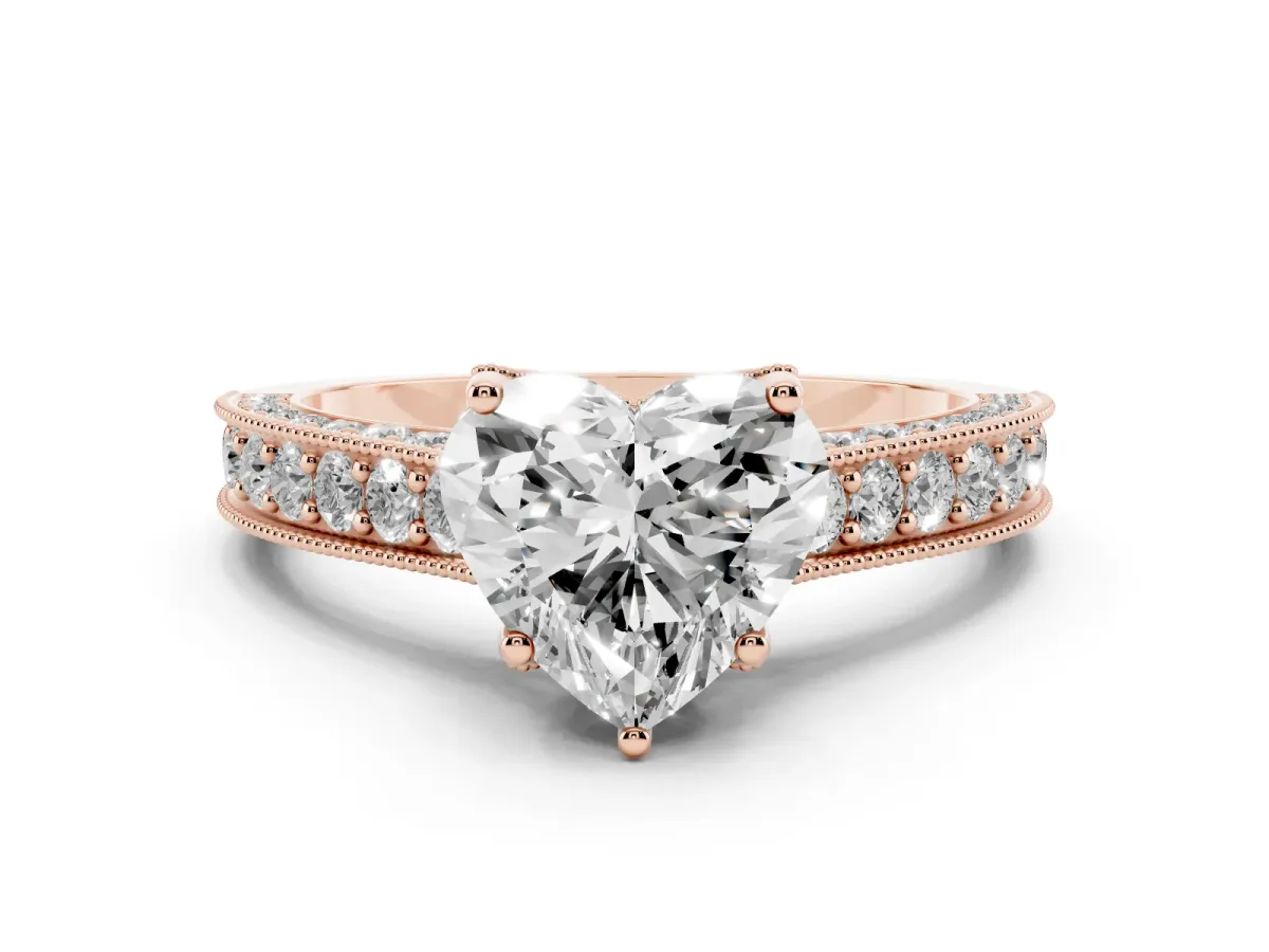 Heart Cut Cut Diamond Solitaire Ring with Milgrain Pave Band and Four Prong Setting Rose gold