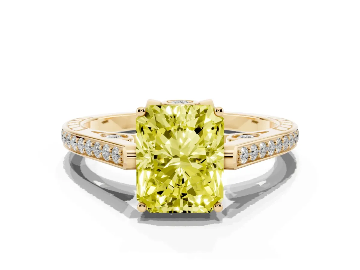 Fancy Yellow Radiant Cut Cut Cathedral Pave Diamond Engagement Ring with Six-Prong Setting Yellow gold