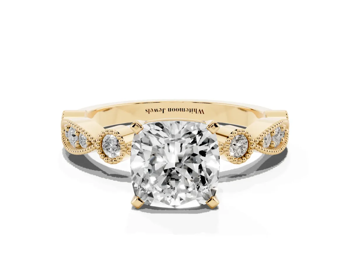 Cushion Cut Milgrain Bezel Diamond Engagement Ring with Solitaire Prong Setting Yellow gold