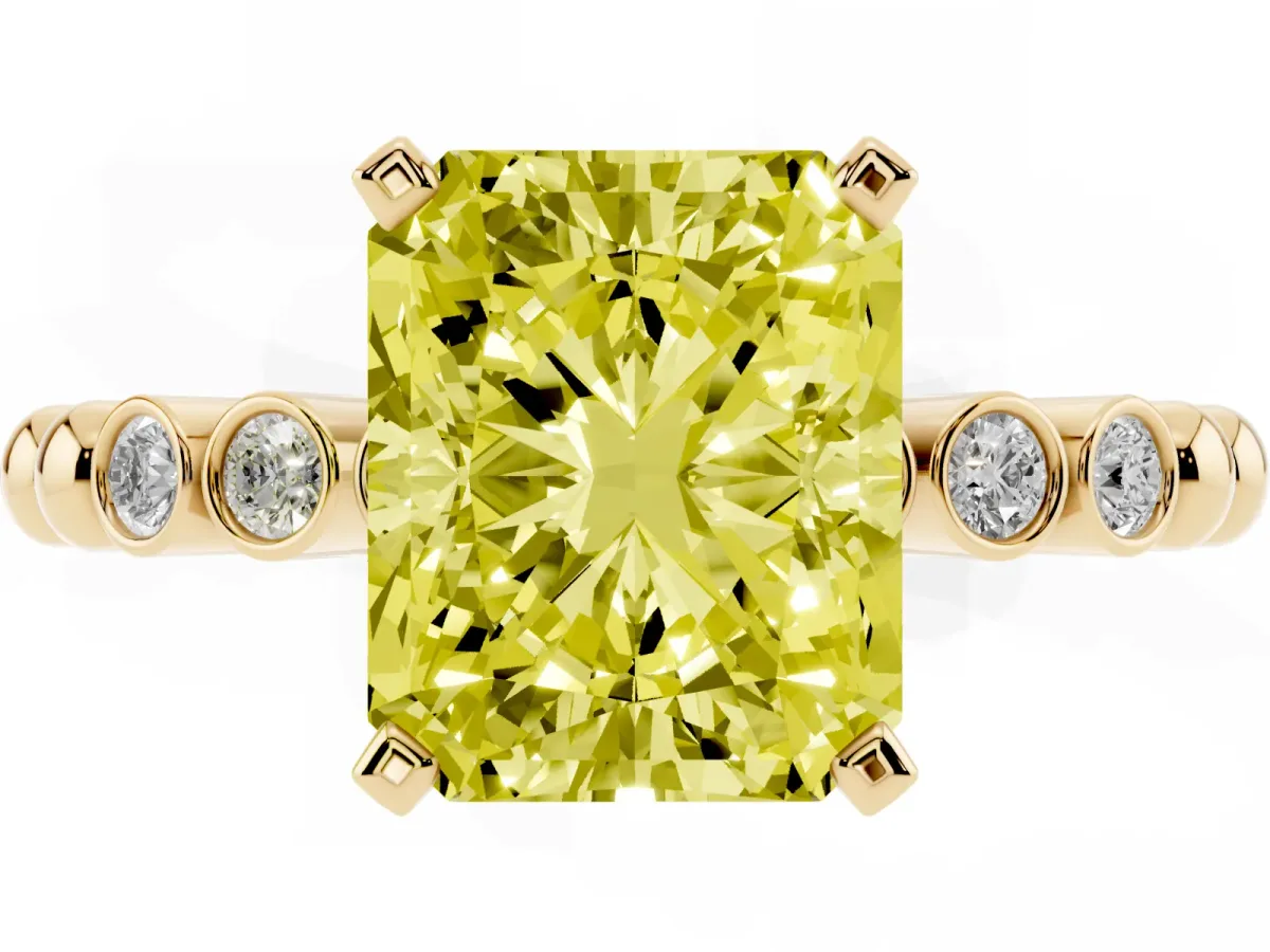Fancy Yellow Radiant Cut Solitaire Bezel Accent Diamond Engagement Ring with Beaded Band and Four-Prong Setting Yellow gold