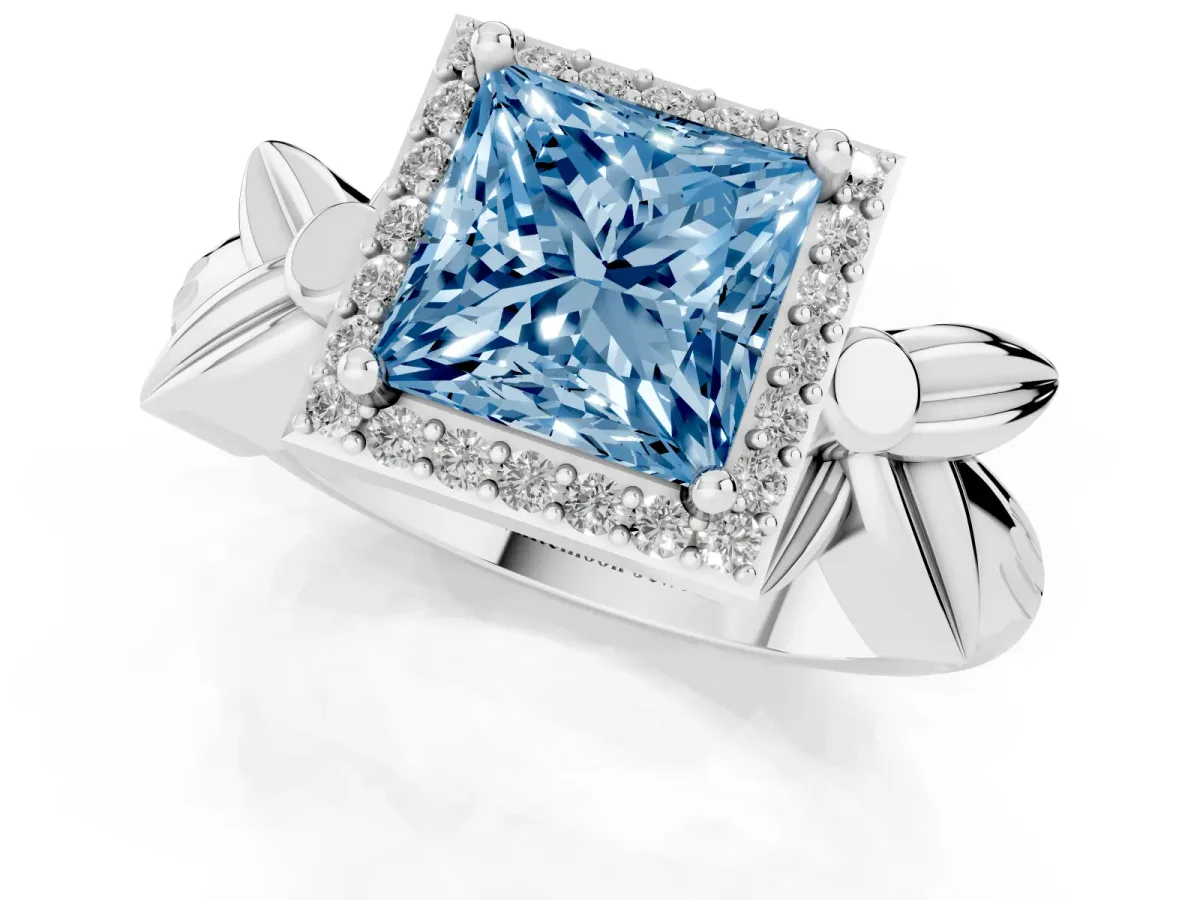 Fancy Blue Princess Cut Halo Diamond Floral Band with Four-Prong Setting Platinum