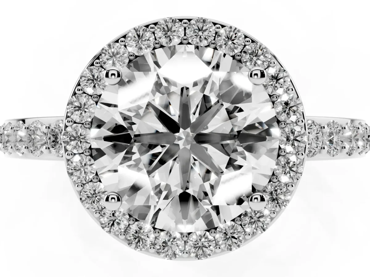 Round Cut Halo Diamond Pavé Band Ring with Prong Setting Platinum