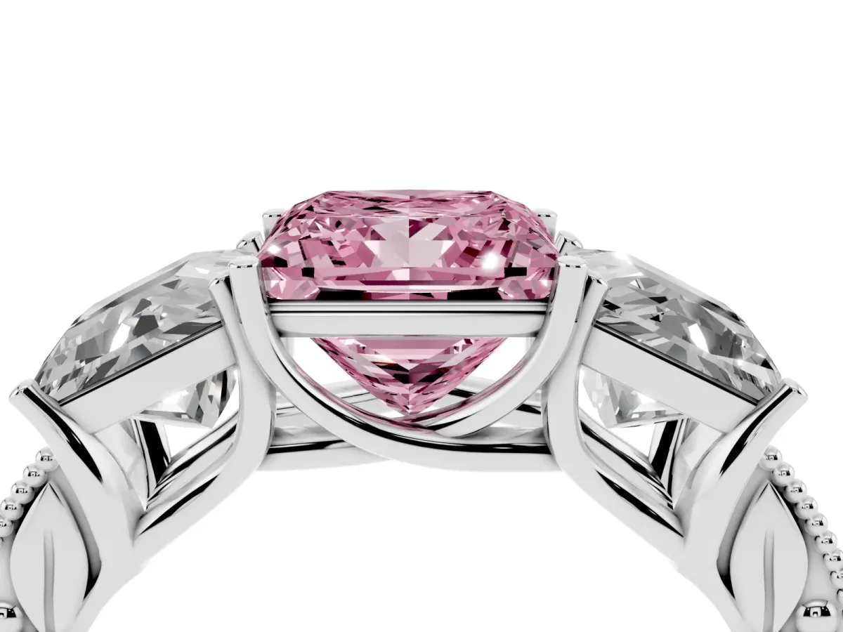 Fancy Pink Three-Stone Princess Cut Cut Milgrain Pavé Engagement Ring Platinum