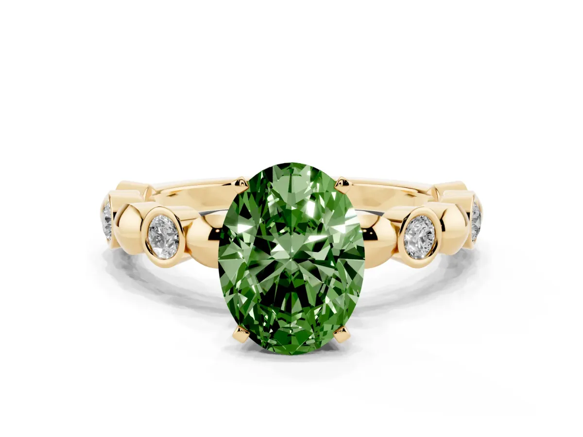 Fancy Green Oval Cut Solitaire Bezel-Set Diamond Ring with Beaded Band and Four-Prong Setting Yellow gold
