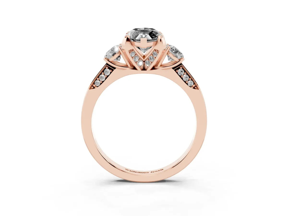 Fancy Black Marquise Cut Brilliant Three-Stone Diamond Ring with Pavé Band and Four-Prong Setting Rose gold
