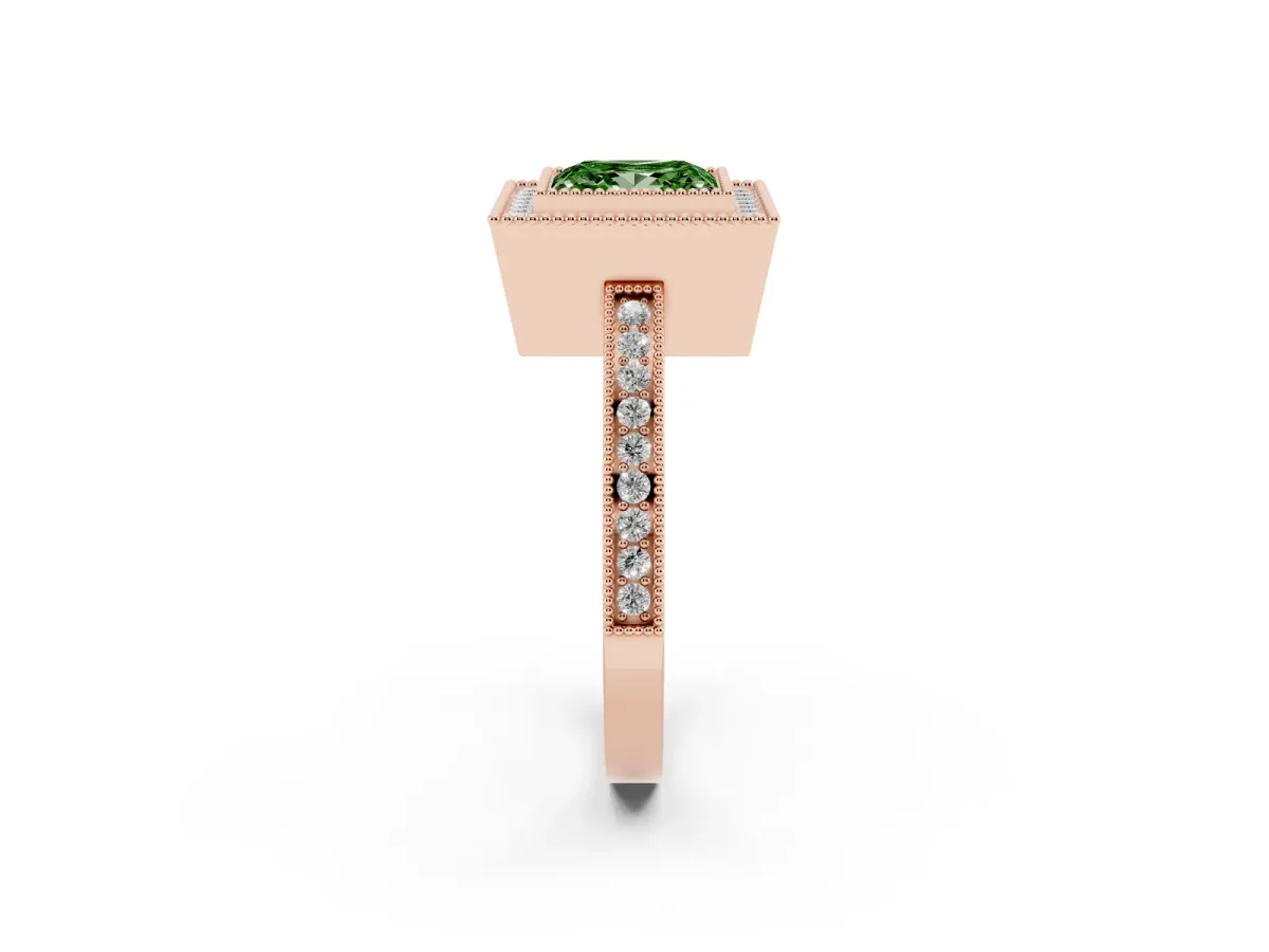 Fancy Green Princess Cut Cut Halo Diamond Ring with Pavé Band and Milgrain Prong Setting Rose gold