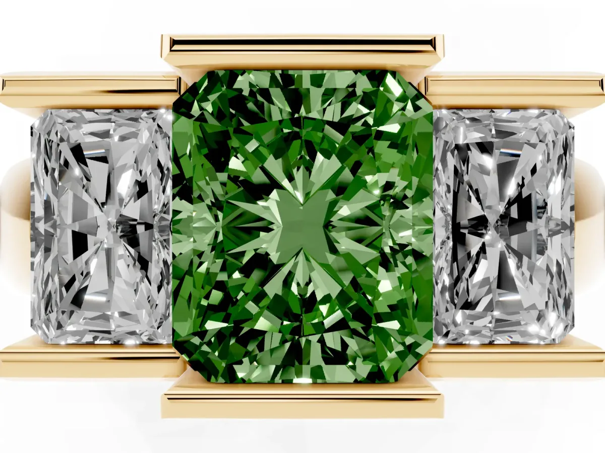 Fancy Green Three Stone Radiant Cut Cut Channel Set Diamond Ring Yellow gold