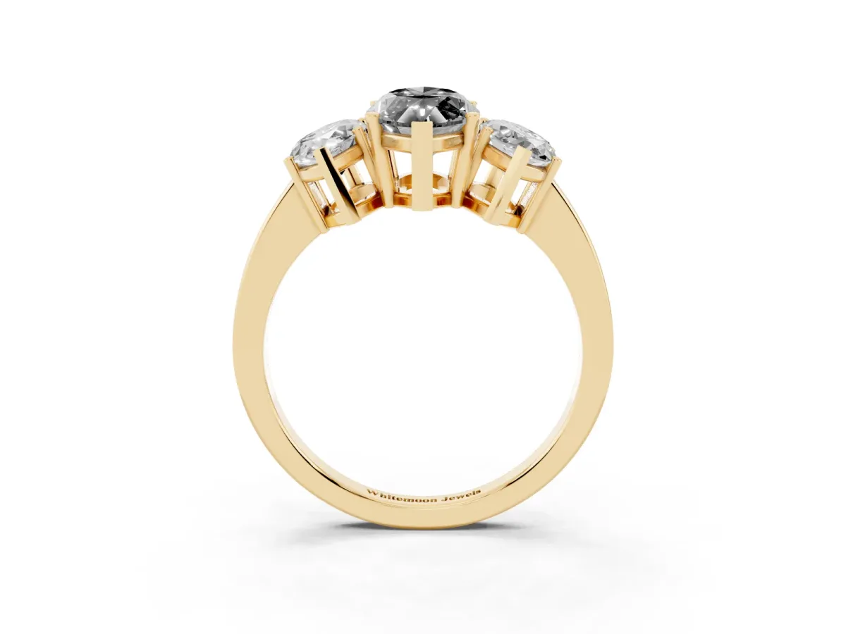Fancy Black Three-Stone Marquise Cut Cut Diamond Engagement Ring with Flat Band and Four-Prong Setting Yellow gold