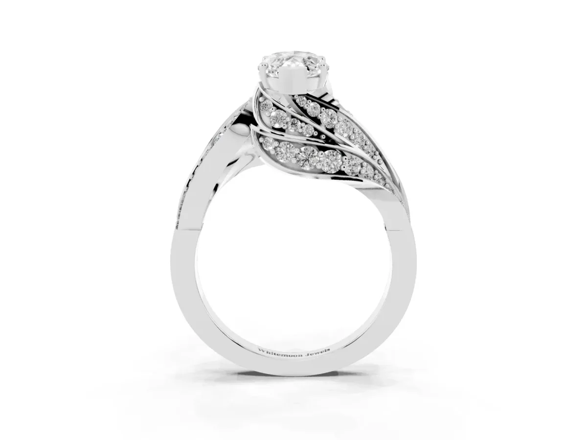 Marquise Cut Diamond Solitaire Ring with Prong Setting and Twisted Pavé Band Silver