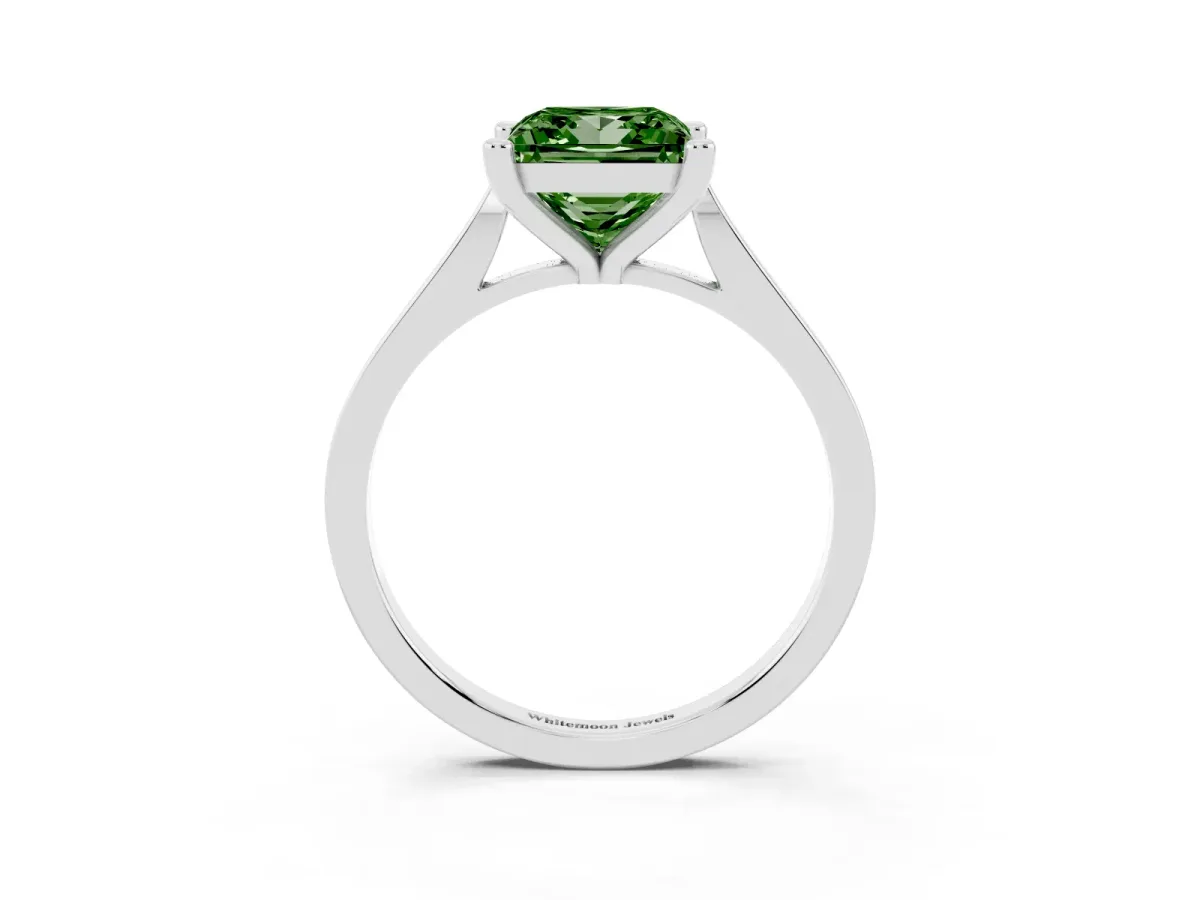 Fancy Green Princess Cut Solitaire Diamond Ring with Four-Prong Setting and Tapered Band White gold