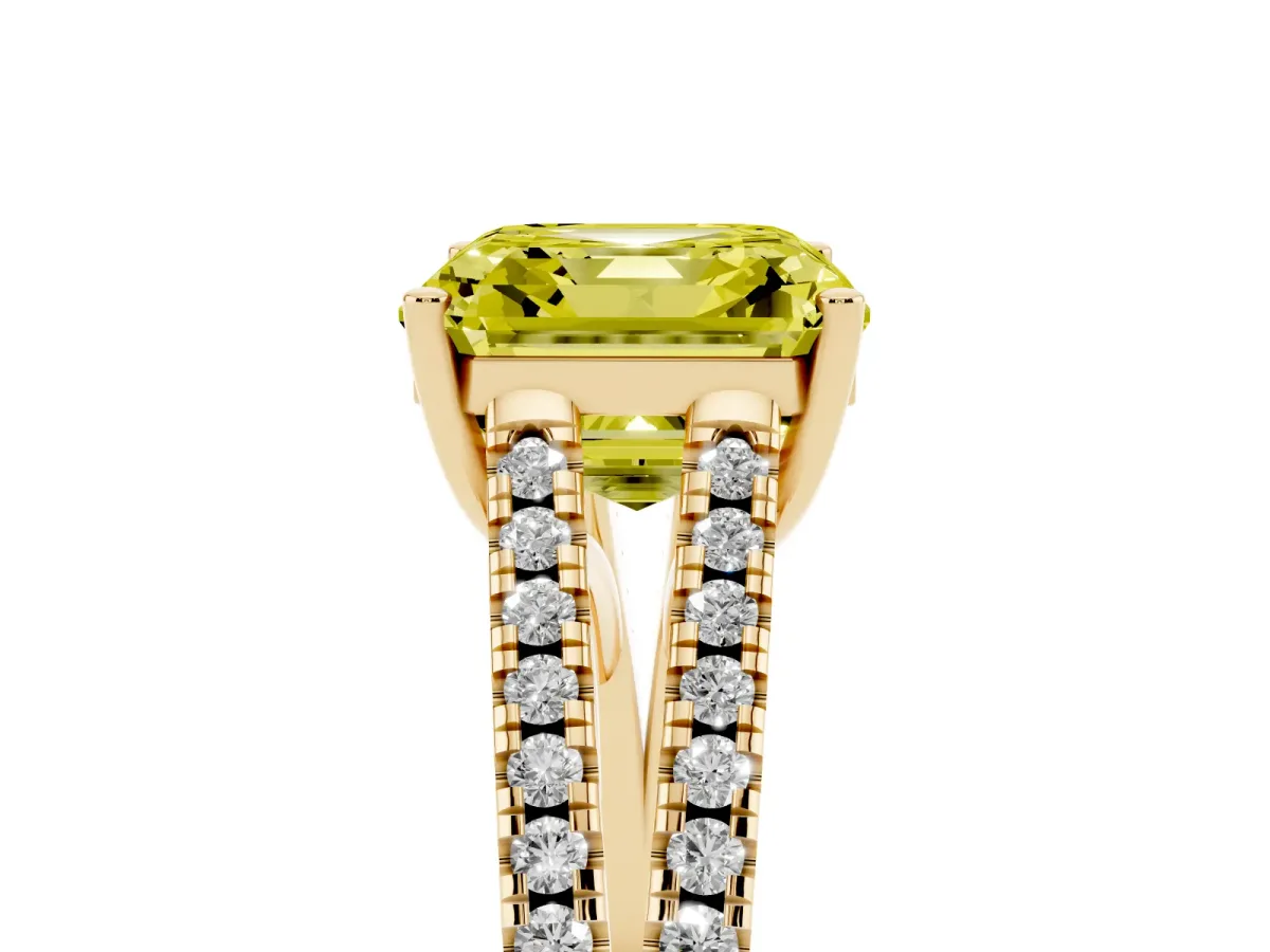 Fancy Yellow Asscher Cut Diamond Solitaire Engagement Ring with Split Shank Pavé Band Yellow gold