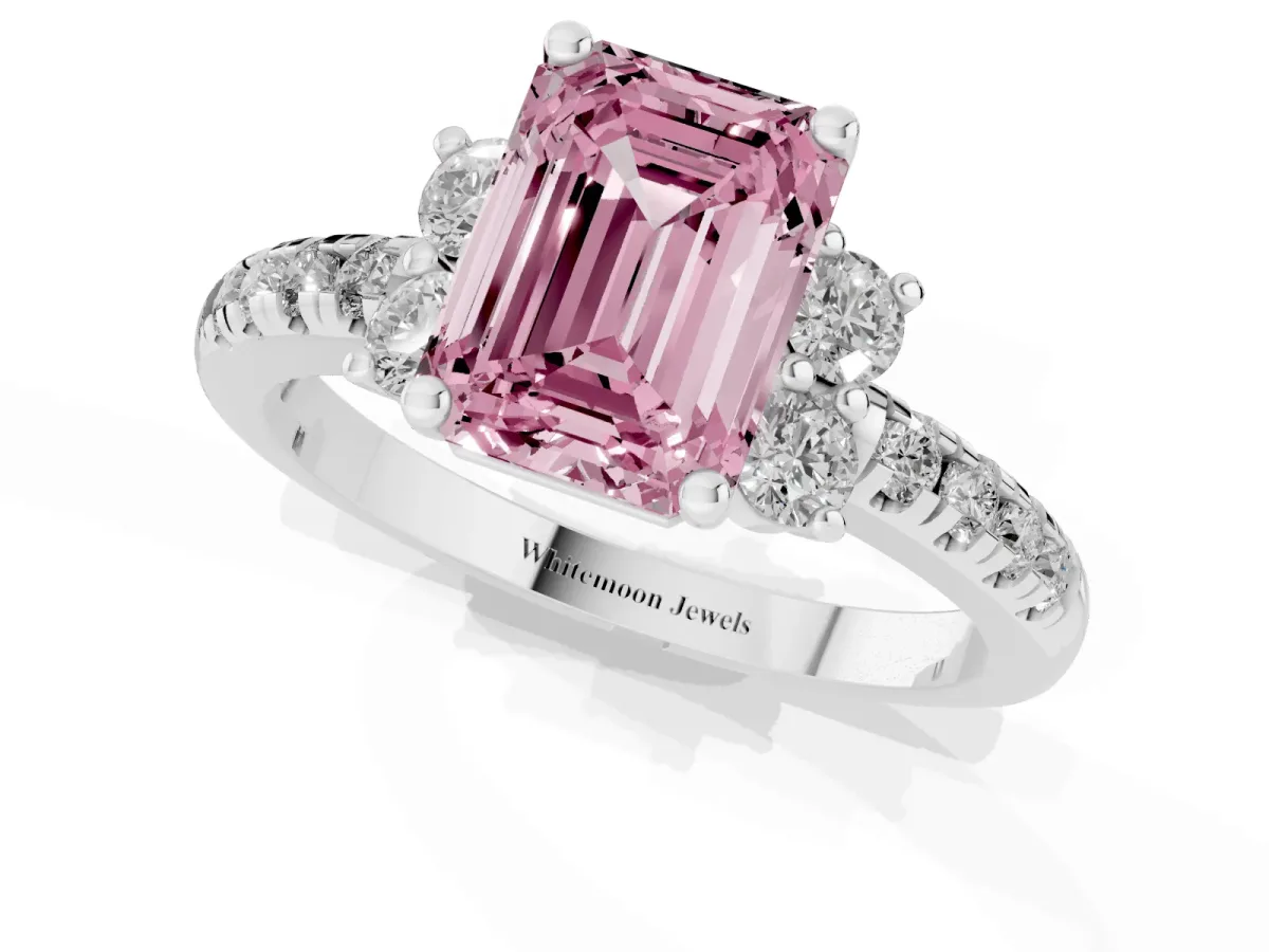 Fancy Pink Emerald Cut Diamond Three-Stone Pave Band with Four-Prong Setting Silver