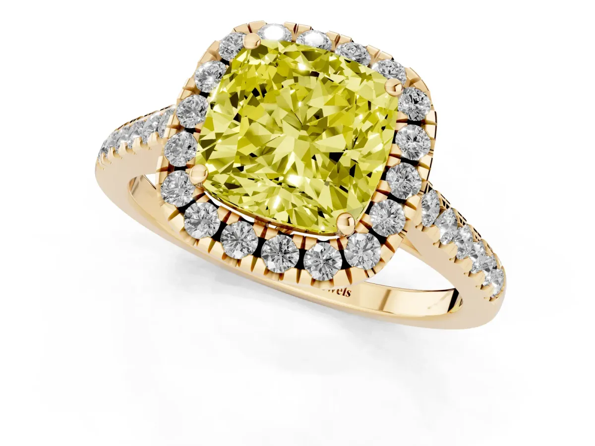Fancy Yellow Cushion Cut Halo Pavé Diamond Engagement Ring with Four-Prong Setting Yellow gold