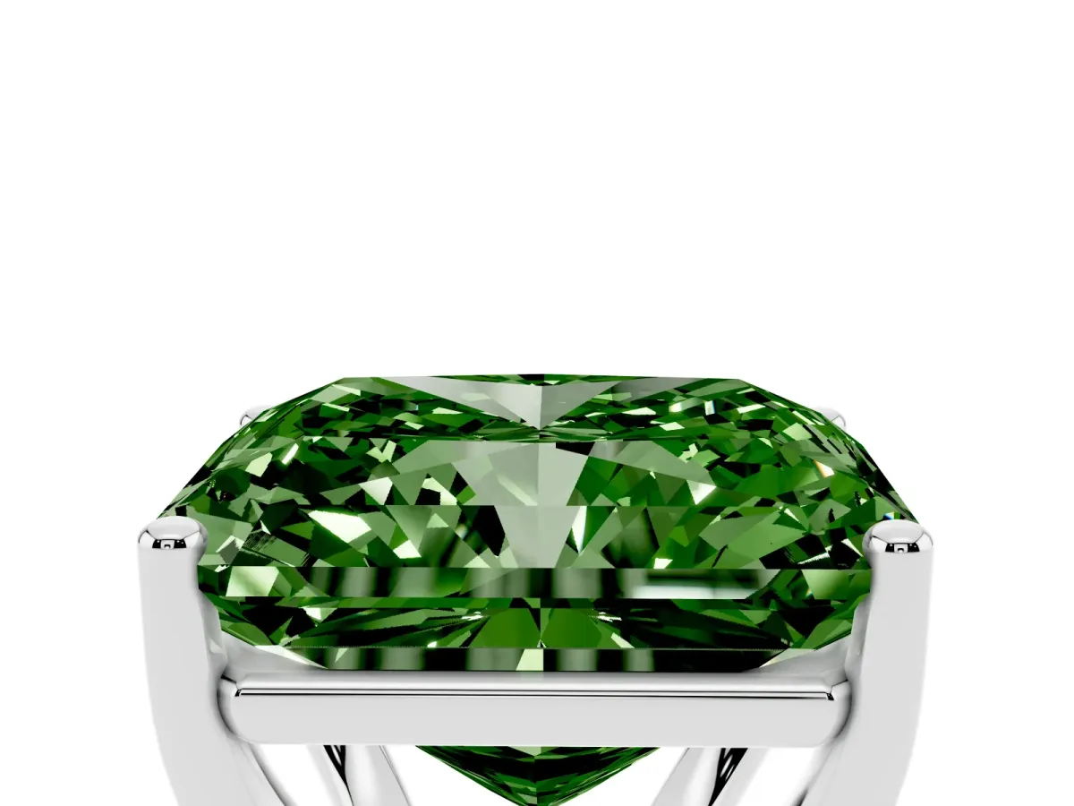 Fancy Green Radiant Cut Cut Diamond Solitaire Engagement Ring with Tapered Plain Band and Four-Prong Setting Silver