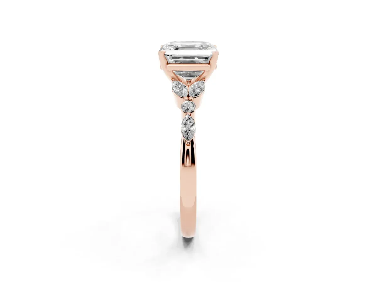 Asscher Cut Diamond Solitaire Ring with Side Stones and Four-Prong Setting Rose gold