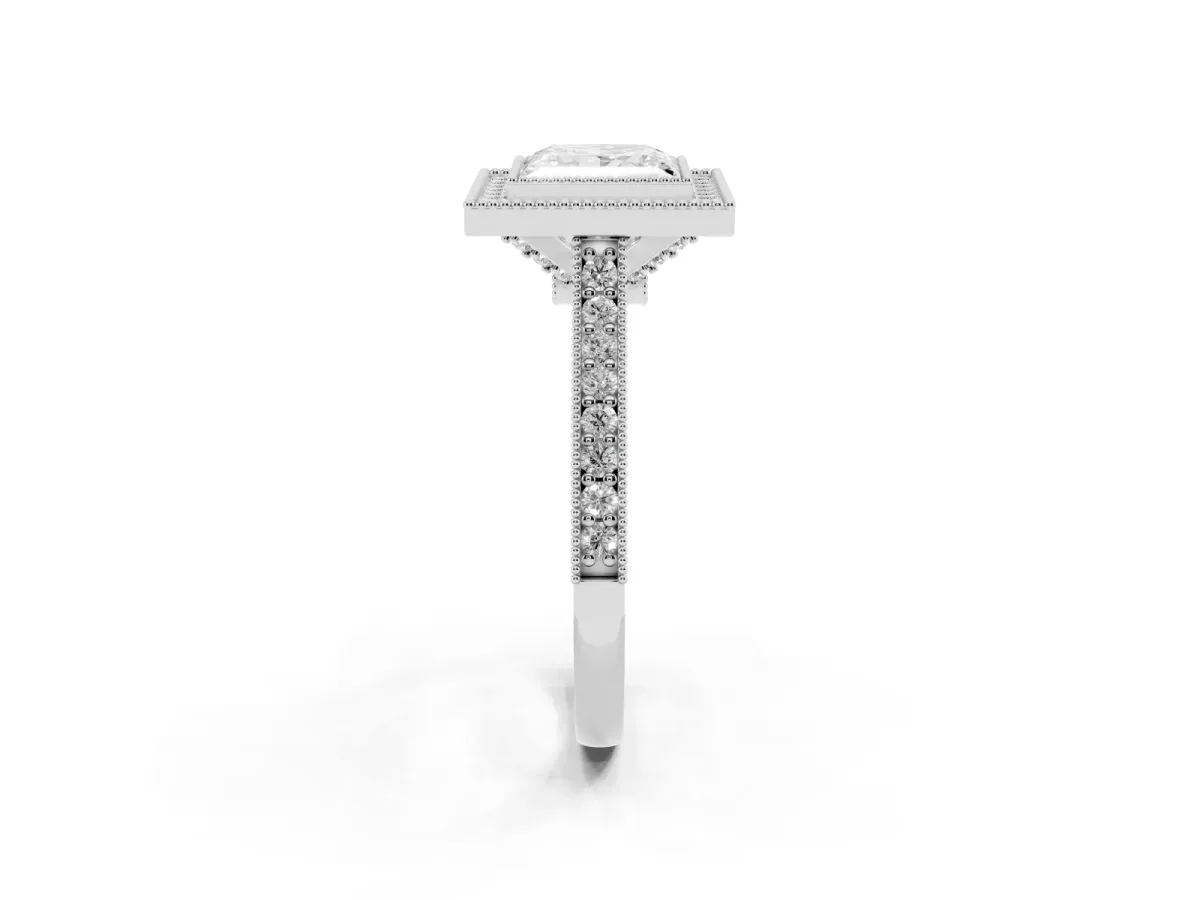 Halo Princess Cut-Cut Diamond Pave Band Milgrain Prong Setting Ring Silver