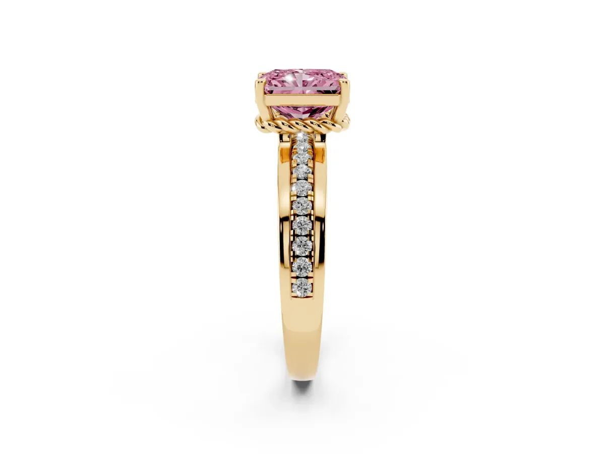 Fancy Pink Radiant Cut Solitaire Diamond Ring with Channel Set Band and Six-Prong Setting Yellow gold