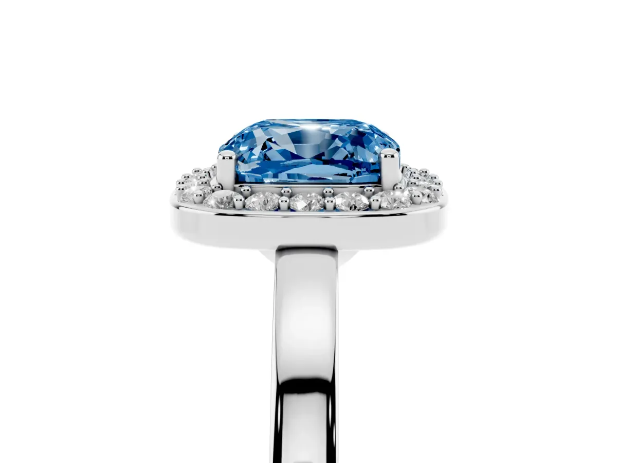 Fancy Blue Cushion Cut Halo Diamond Ring with Solitaire Band and Prong Setting Silver