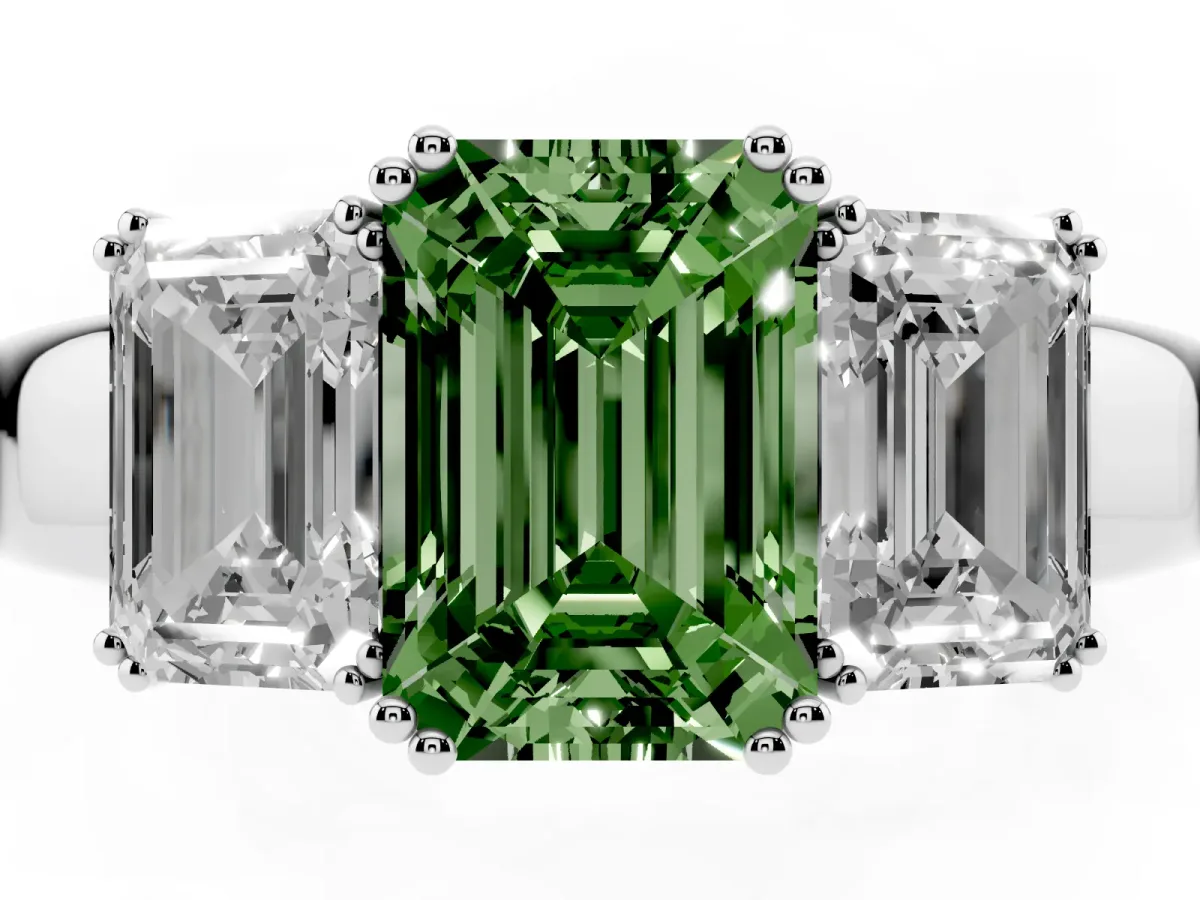 Fancy Green Three-Stone Emerald Cut Cut Diamond Ring with Channel Set Band and Four-Prong Setting Silver