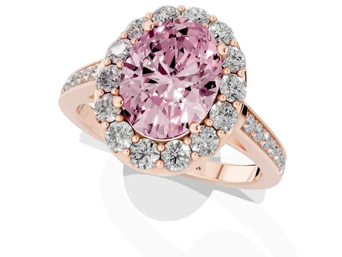 Fancy Pink Oval Cut Diamond Floral Halo Ring with Pavé Band and Prong Setting Rose gold