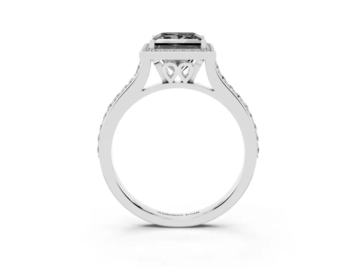 Fancy Black Princess Cut Diamond Halo Engagement Ring with Round Pavé Shoulders and Prong Setting White gold