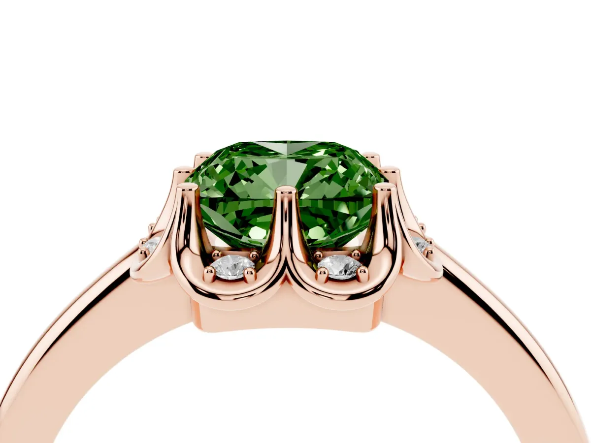 Fancy Green Cushion Cut Halo Diamond Ring with Round Cluster Setting, Solitaire Band, and Four-Prong Setting Rose gold