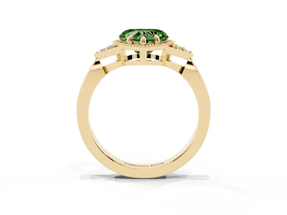 Fancy Green Hexagonal Halo Heart Cut Diamond Solitaire with Pavé Band and Four-Prong Setting Yellow gold