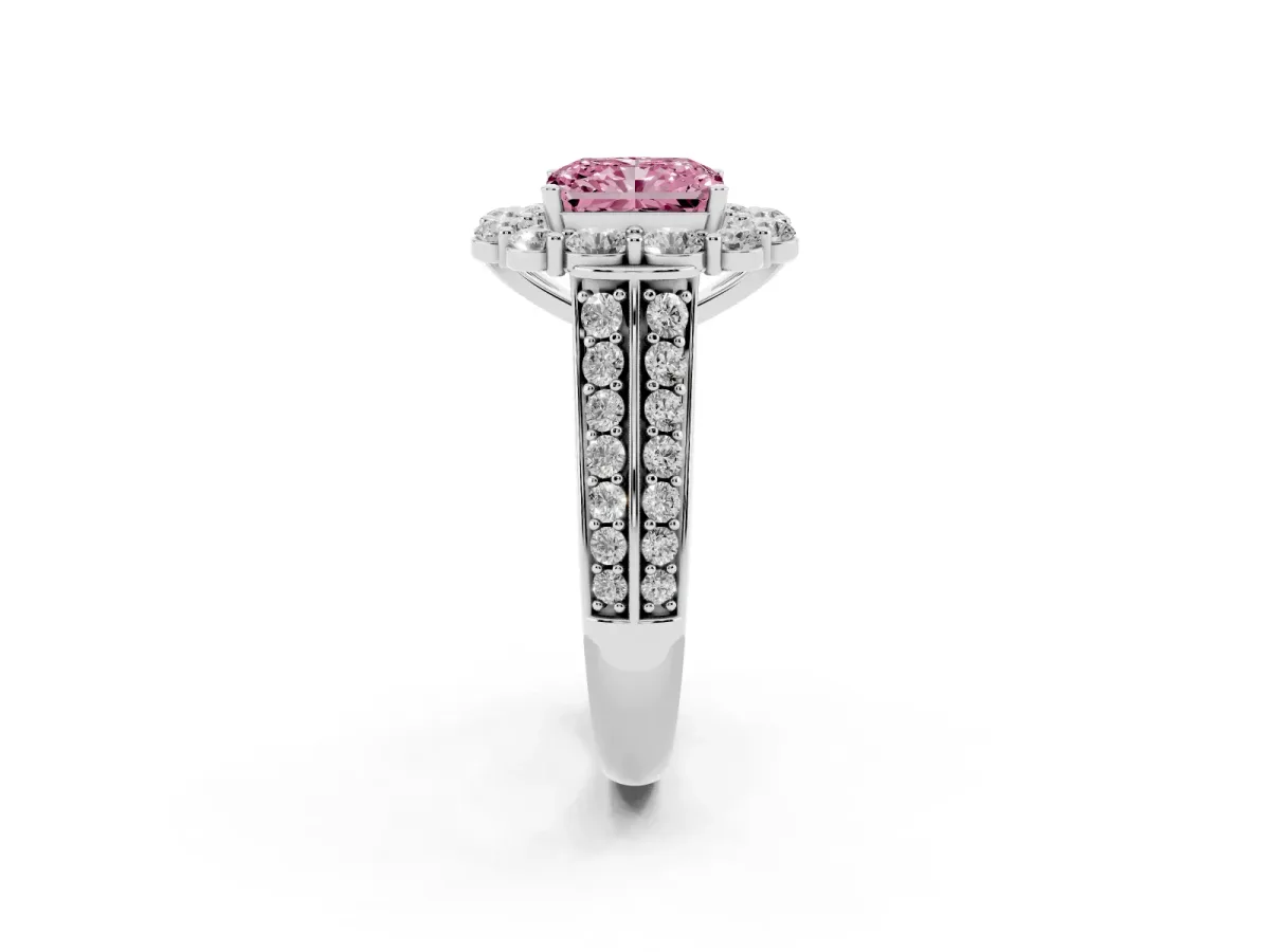 Fancy Pink Radiant Cut Halo Diamond Engagement Ring with Split Shank and Prong Setting Silver