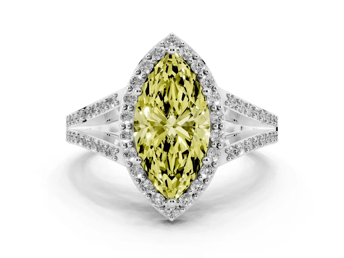 Fancy Yellow Marquise Cut Halo Split Shank Pave Diamond Ring with Four-Prong Setting Silver