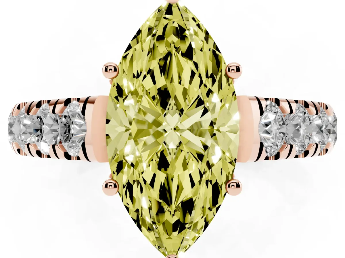 Fancy Yellow Marquise Cut Cut Diamond Solitaire Ring with Micro Pave Band and Prong Setting Rose gold