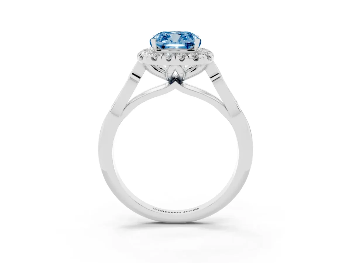 Fancy Blue Cushion Cut Halo Diamond Engagement Ring with Filigree Band and Four-Prong Setting Platinum