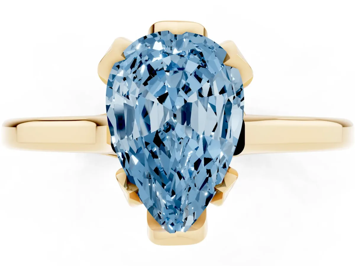 Fancy Blue Pear Cut Diamond Solitaire Ring with Flower Prong Setting and Classic Band Yellow gold