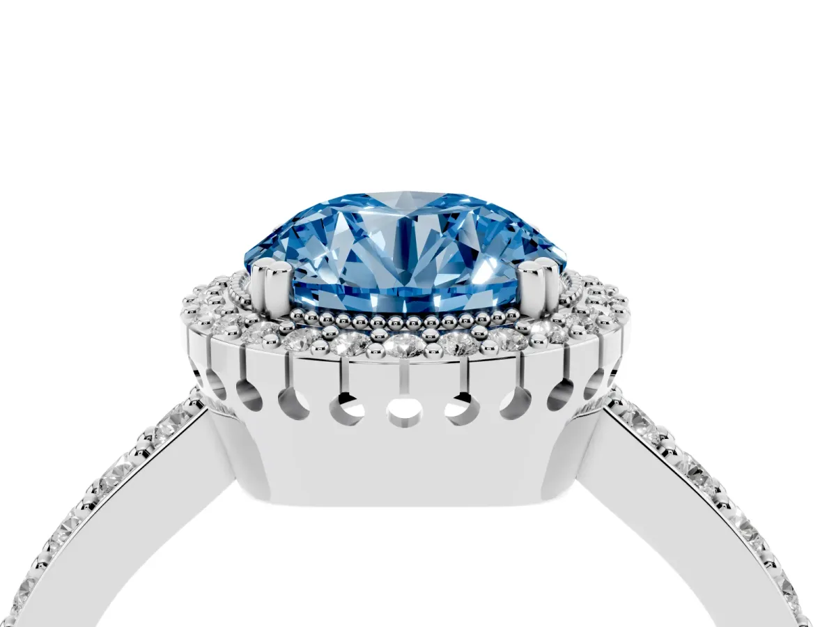 Fancy Blue Round Cut Cut Diamond Halo Engagement Ring with Milgrain Detail and Pavé Band Silver