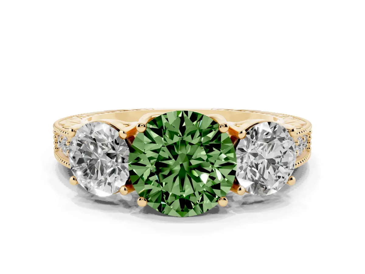 Fancy Green Three-Stone Round Cut Cut Milgrain Pavé Engagement Ring Yellow gold