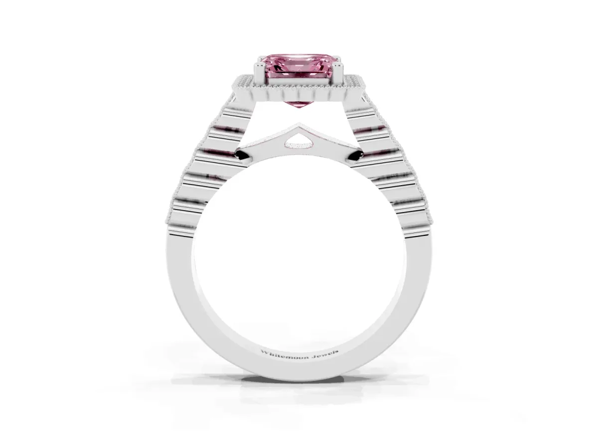 Fancy Pink Asscher Cut Cut Halo Pavé Solitaire Ring with Milgrain Band Platinum