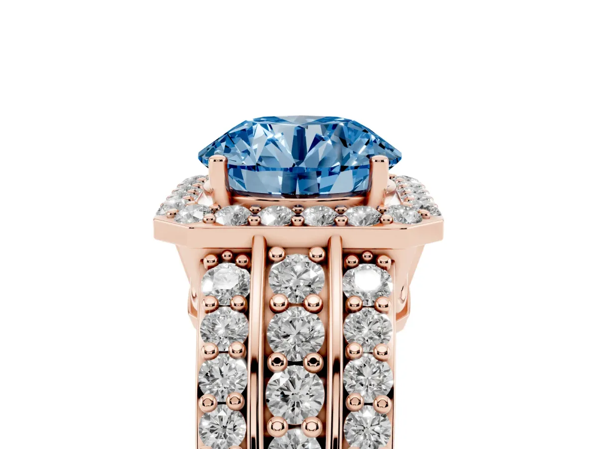 Fancy Blue Round Cut Halo Diamond Ring with Round Split Shank and Prong Setting Rose gold