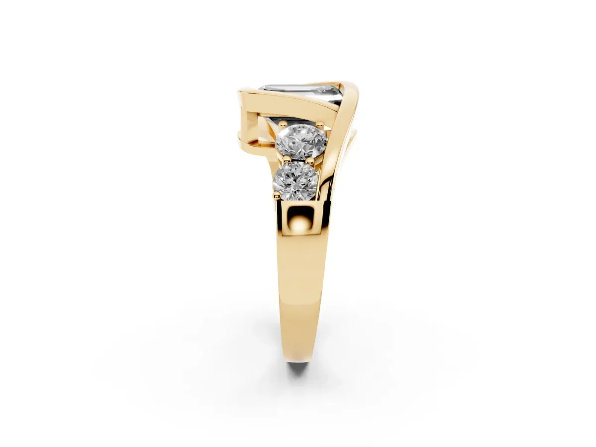 Fancy Black Bezel Set Emerald Cut Diamond Bypass Ring with Round Accents Yellow gold
