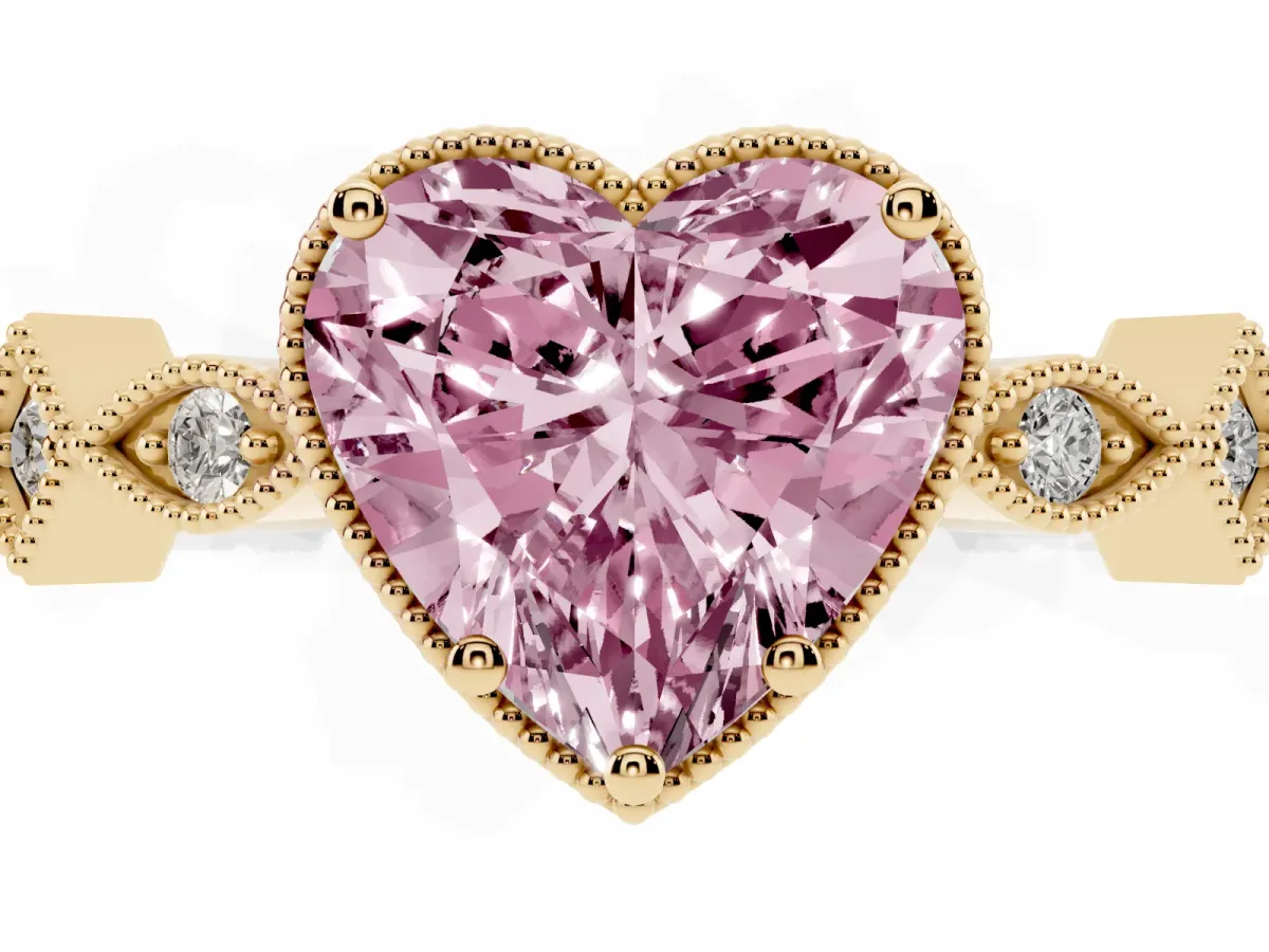 Fancy Pink Heart Cut Milgrain Marquise Diamond Twist Band Ring Yellow gold