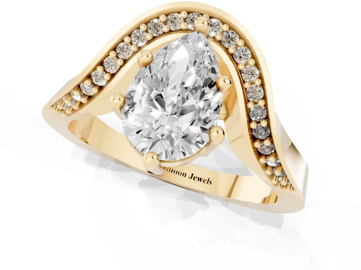 Pear Cut Solitaire Diamond Engagement Ring with Pave Band and Four-Prong Setting Yellow gold
