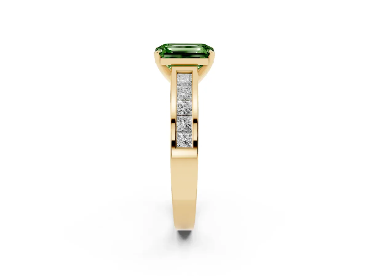 Fancy Green Emerald Cut Solitaire Diamond Ring with Channel-Set Band and Four-Prong Setting Yellow gold