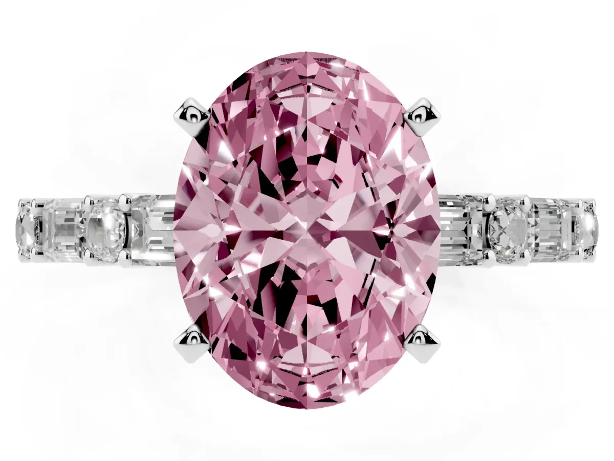 Fancy Pink Oval Cut Diamond Solitaire with Side Baguettes and Channel Set Band Platinum
