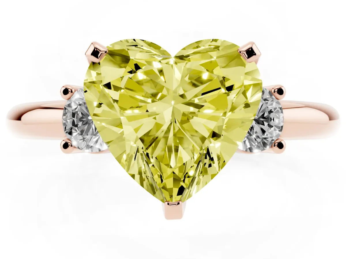 Fancy Yellow Three-Stone Heart Cut Cut Diamond Solitaire with Prong Setting and Classic Band Rose gold