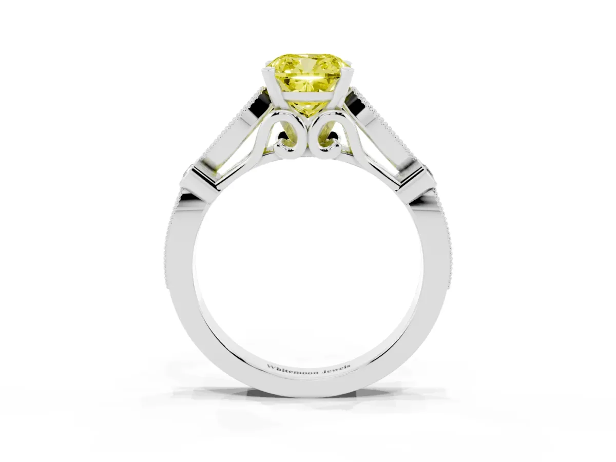 Fancy Yellow Cushion Cut Cut Diamond with Milgrain Marquise and Bezel Accents on a Solitaire Band with Prong Setting Platinum