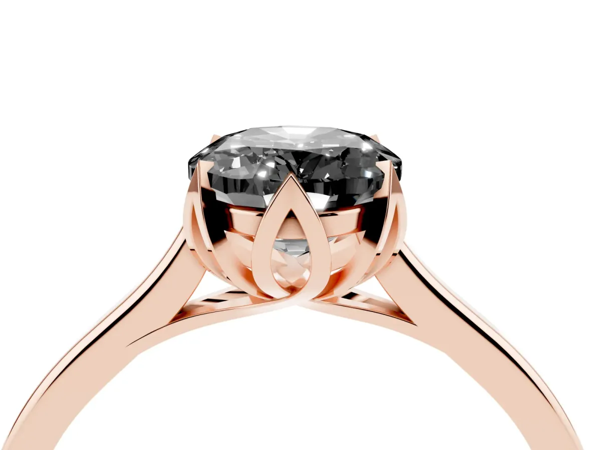 Fancy Black Oval Cut Diamond Solitaire Ring with Flower Prong Setting and Classic Band Rose gold