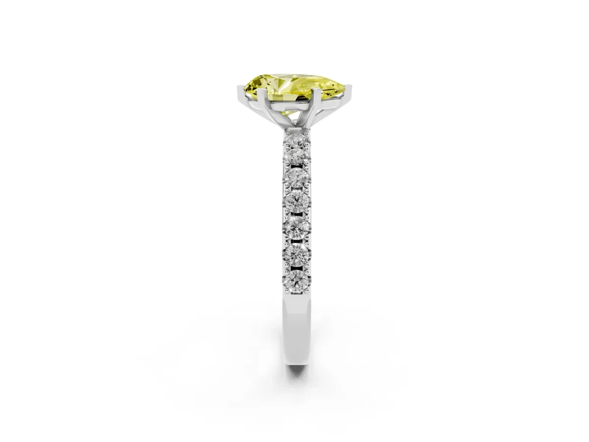 Fancy Yellow Pear Cut Diamond Solitaire Pavé Band with Four-Prong Setting Platinum