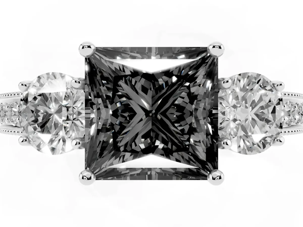 Fancy Black Princess Cut Three-Stone Diamond Ring with Pavé Band and Four-Prong Setting Silver