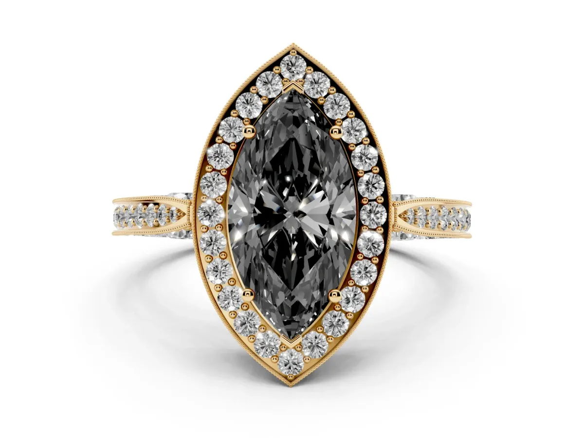 Fancy Black Marquise Cut Halo Diamond Engagement Ring with Split Shank Band and Four-Prong Setting Yellow gold