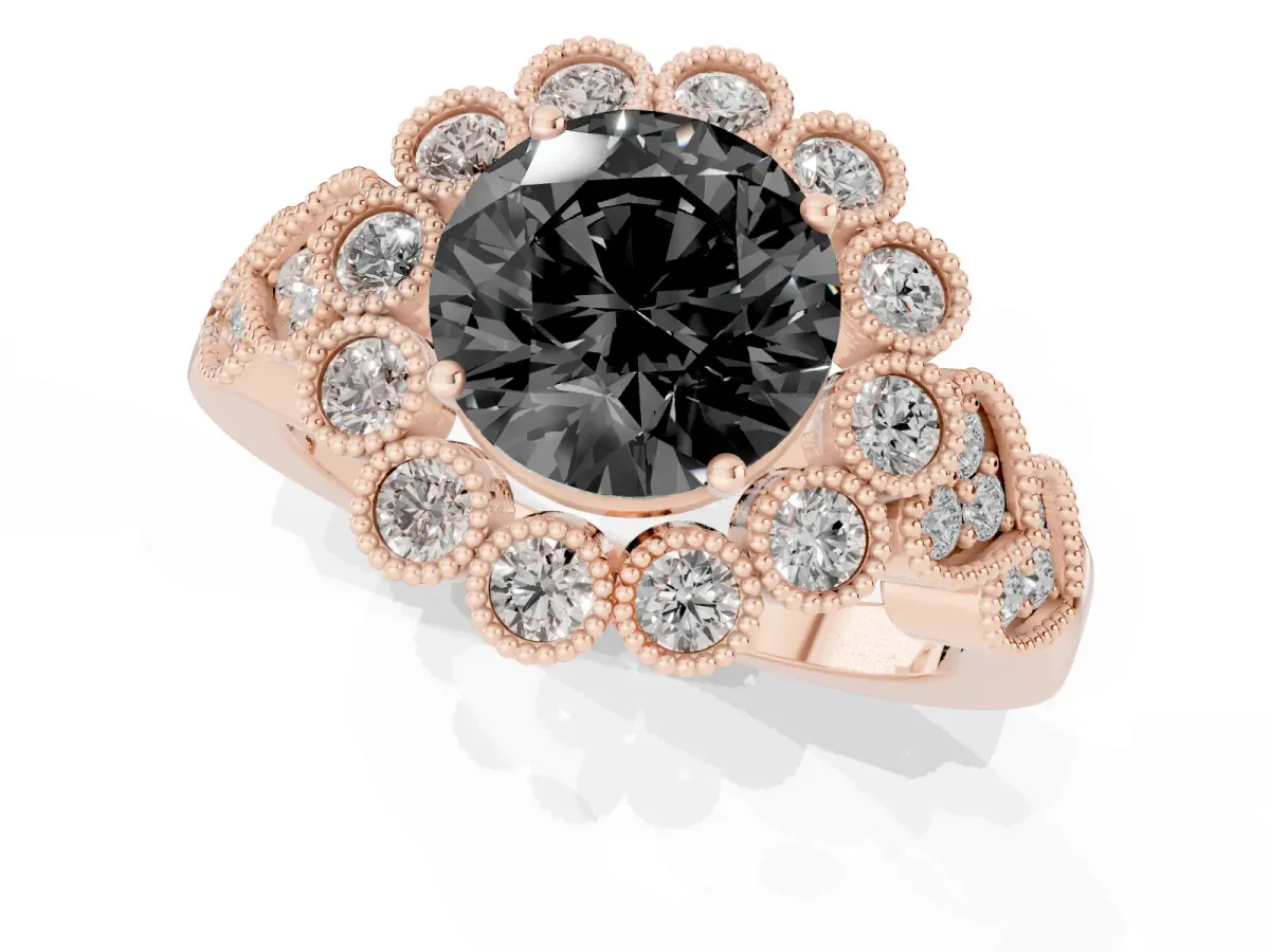 Fancy Black Round Cut Brilliant Milgrain Pave Heart Band Solitaire Ring Rose gold